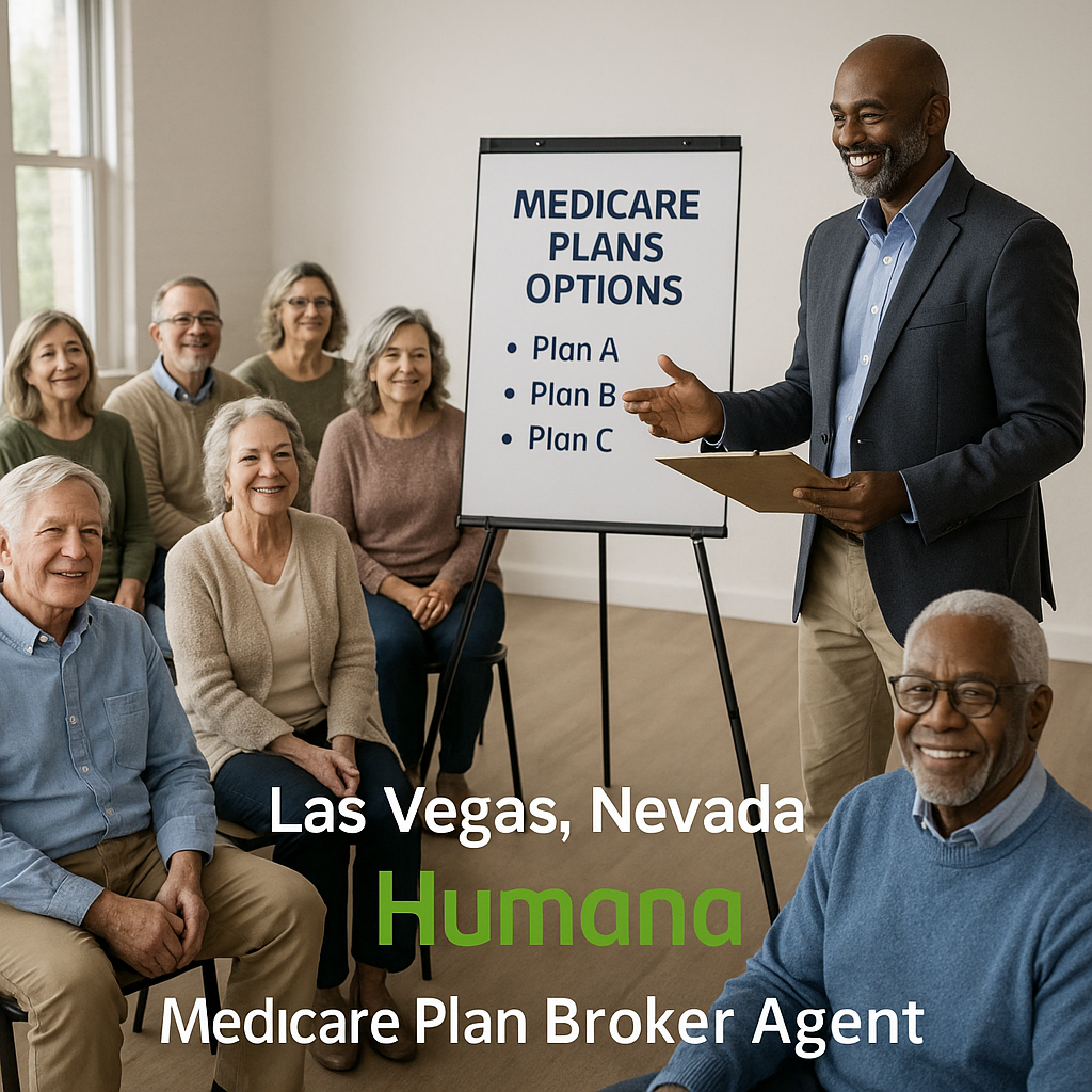 Las Vegas, Nevada Humana Medicare Plan Broker Agent 1 Show a group ten mix race individuals or couple ages 60–75 setting at and educational event the presenter is Medicare broker black male age 55+ 6 ft 2 and 1/2 in and fit, bald graying beard reviewing Medicare Plans Options. They all look healthy, confident, reassured, and optimistic. With authentic expressions, realistic skin, age-appropriate features, accurate hands, and natural proportions. Add Humana Logo and text underlay: “Las Vegas, Nevada Humana Medicare Plan Broker Agent help comparing coverage,